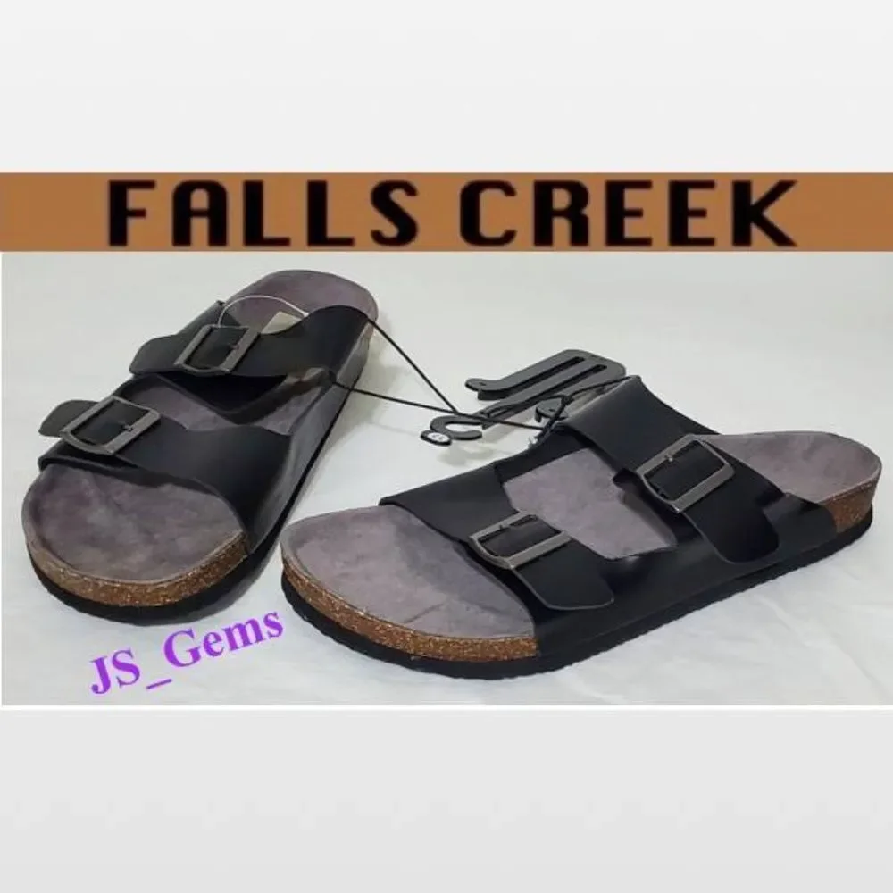 New Falls Creek Shoes Men Sandals Black Buckle Slip On Cork Slides NWT